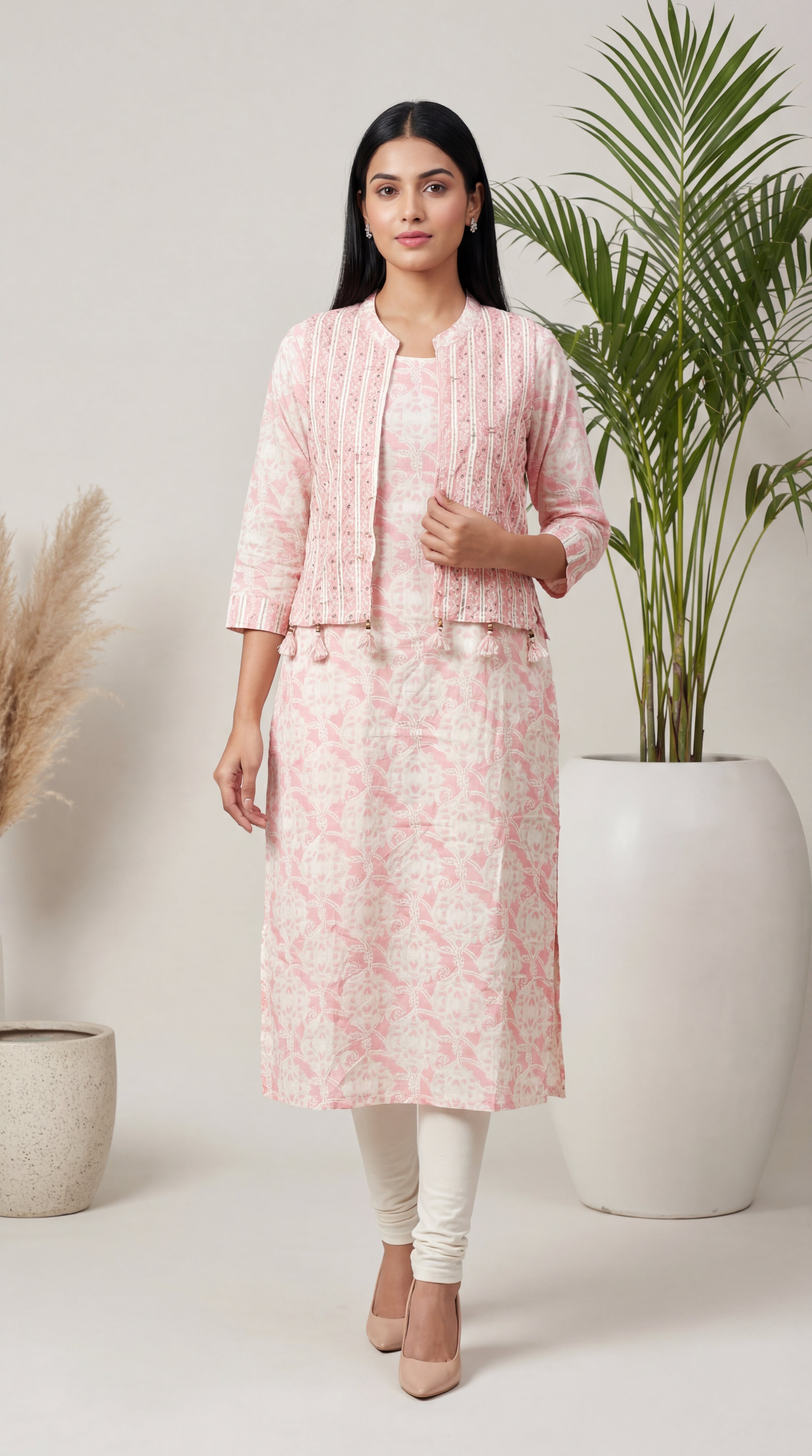 Light Pink Printed Kurta with Jacket