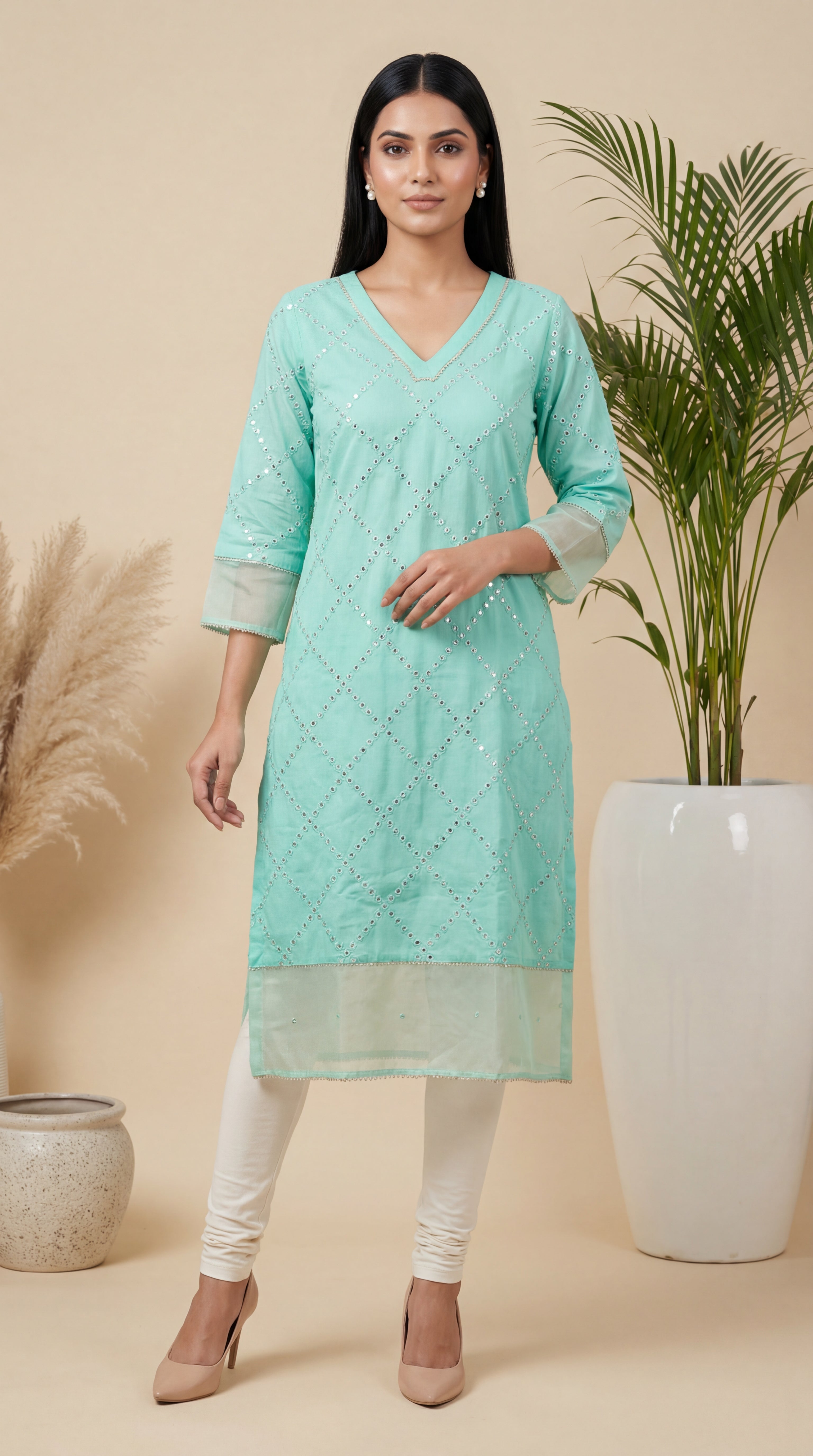 Teal Mirror-work Kurti