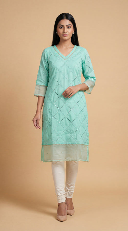 Teal Mirror-work Kurti